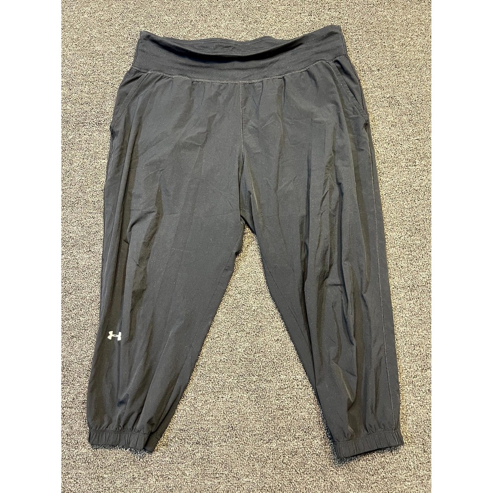 Under Armour Cropped Jogger Pants Womens 34 Black High Rise Running Drawstring